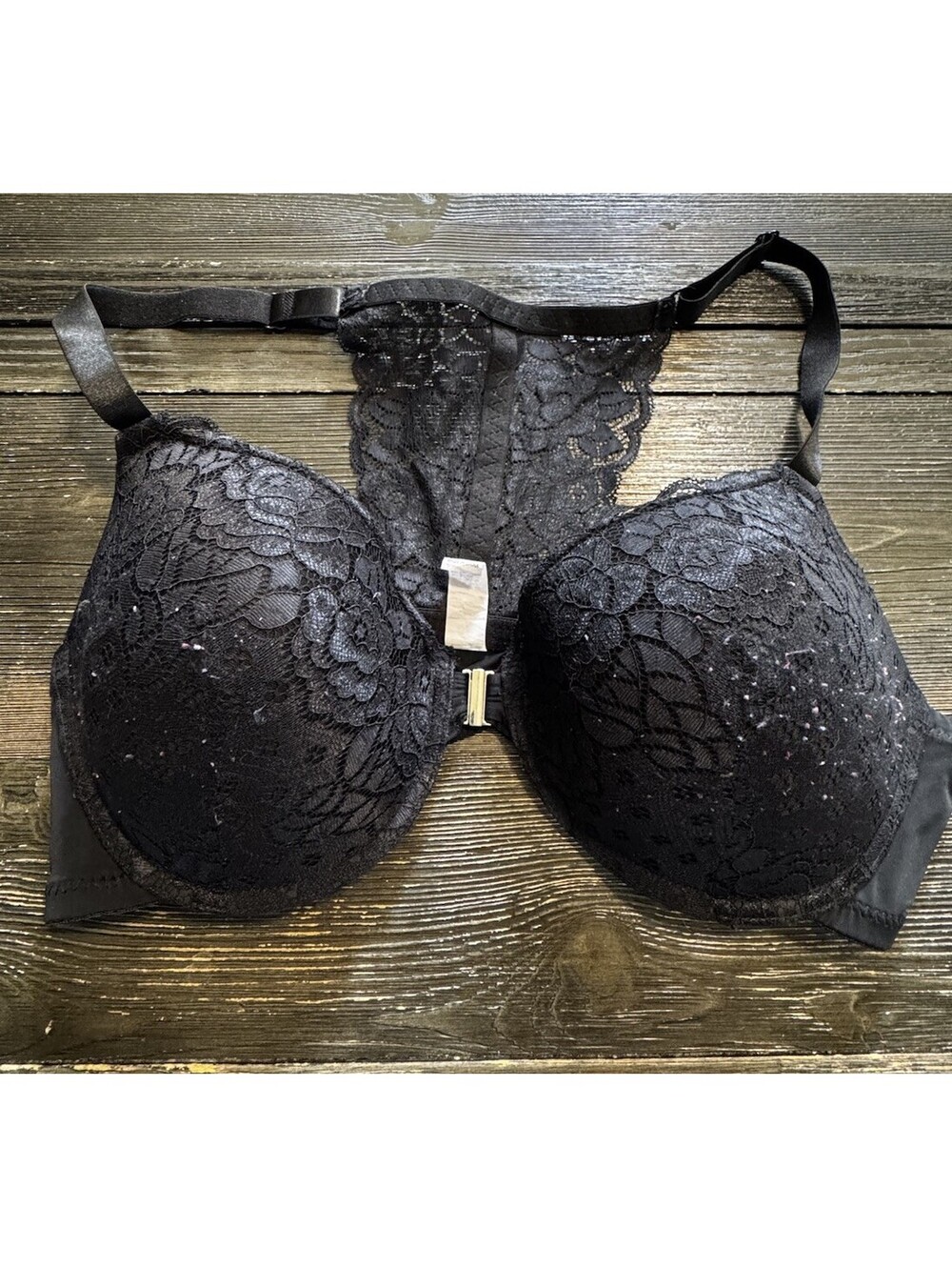 Women’s 95C 42C Bra Black Lace Front Closure Padded Racerback Plunge